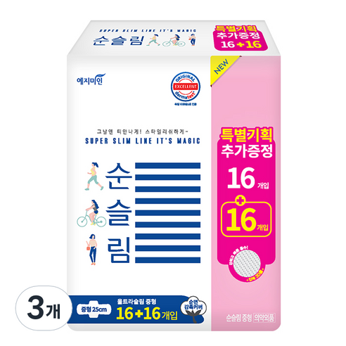 예지미인 뉴 순슬림 생리대 날개형, 중형, 32개입, 3개