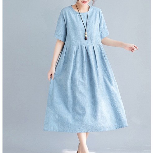 편안함과 세련미를 겸비한 유니제이 지젤라 린넨 플라워패턴 반팔 원피스