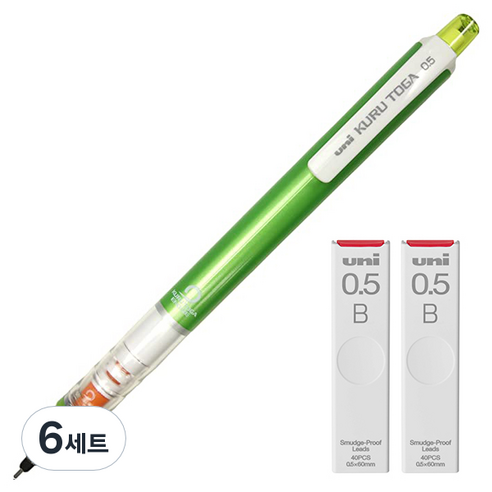 유니 쿠루토가 샤프 스탠다드 모델 그린 M5-450 + 쿠루토가 전용 샤프심 B 2p 세트, 6세트, 0.5mm