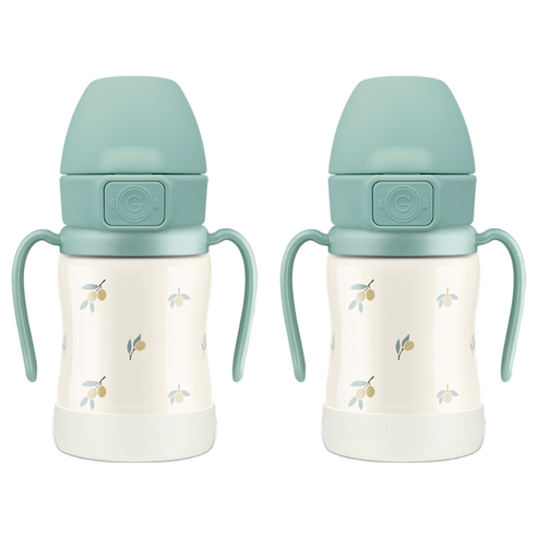 그로미미 원터치 스테인리스 올리브 빨대컵 200ml, 2개, 올리브 피스타치오