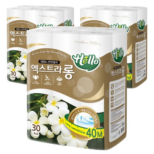 헬로 3겹 엑스트라롱 천연펄프 화장지 40m, 30롤, 2팩