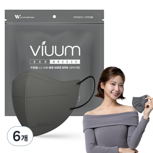 Viuum 에코 브리즈 새부리형 마스크 중형 KF94, 25개입, 6개, 그레이