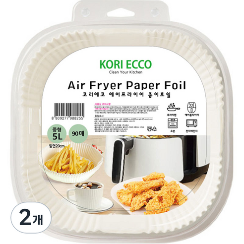 코리에코 에어프라이어 종이호일 사각 화이트 90p, 2개