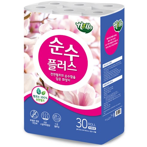 헬로 순수플러스 3겹 천연펄프 고급롤화장지, 20m, 30개입, 1개