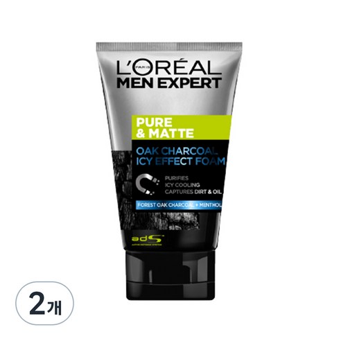 로레알파리 퓨어 앤 매트 오크 차콜 아이시 이펙트 폼, 폼 클렌저, 100ml, 2개