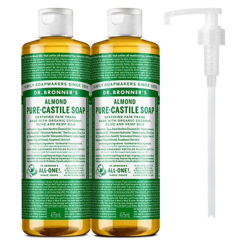 닥터브로너스 아몬드 퓨어 캐스틸 솝 페이스앤바디워시 475ml x 2p + 펌프 세트, 1세트 닥터브로너스시트러스