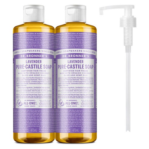 닥터브로너스 퓨어 캐스틸 솝 바디워시 라벤더 + 펌프, 2개, 475ml