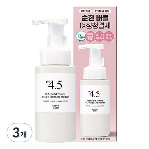 해피바스 PH4.5 약산성 로즈 버블 여성 청결제, 3개, 250g