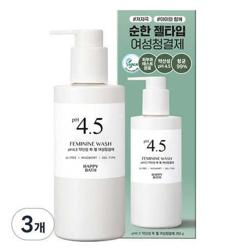해피바스 PH4.5 약산성 쑥 여성 청결제, 3개, 250g