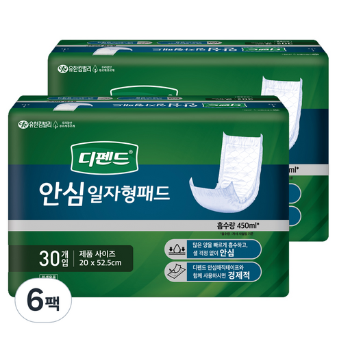 디펜드 안심 일자형 패드, 30매, 6팩
