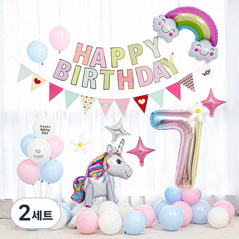 피앤비유니티 유니콘 무지개 가랜드 혼합풍선세트 숫자7, 혼합색상(7), 2세트
