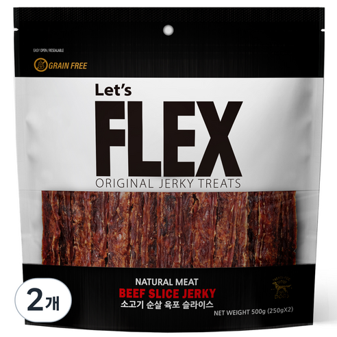플렉스 그레인프리 반려견 져키 500g, 소고기 육포 슬라이스, 2개