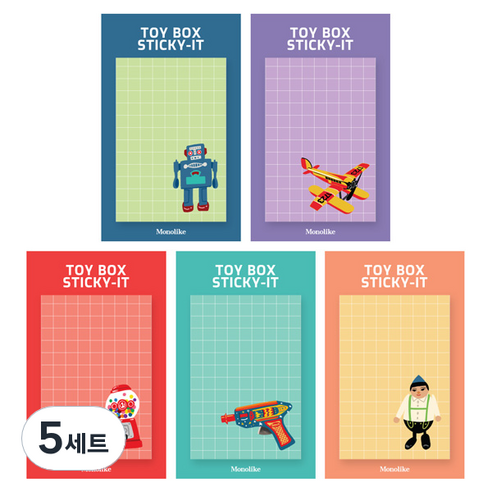 모노라이크 스티키 점착메모지 5종 세트 토이 박스, Robot, Air plane, Candy machine, Space gun, Wooden doll, 5세트