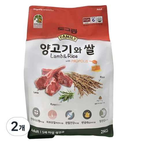 도그랑 어덜트 양고기와 쌀 훼미리 건식사료, 양, 2kg, 2개