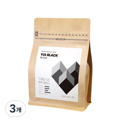 드롭탑 925 블랙 블렌드 원두 커피, 홀빈(분쇄안함), 200g, 3개