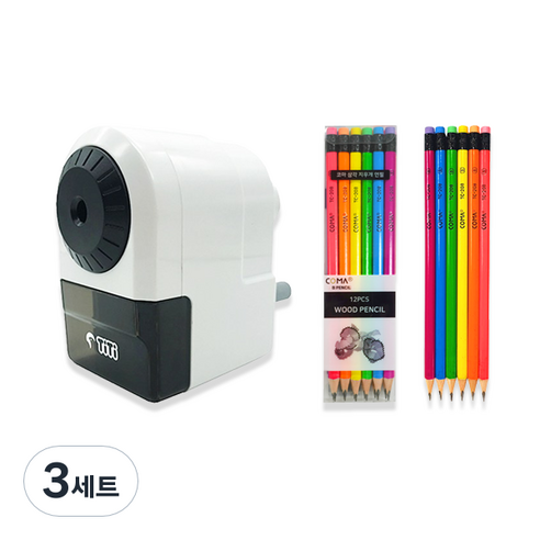 티티 미술용 5단 심조절 연필깎이 + 투코비 코마 삼각 지우개 연필 TC-208 6종 x 2p 세트, 화이트(연필깎이), 3세트