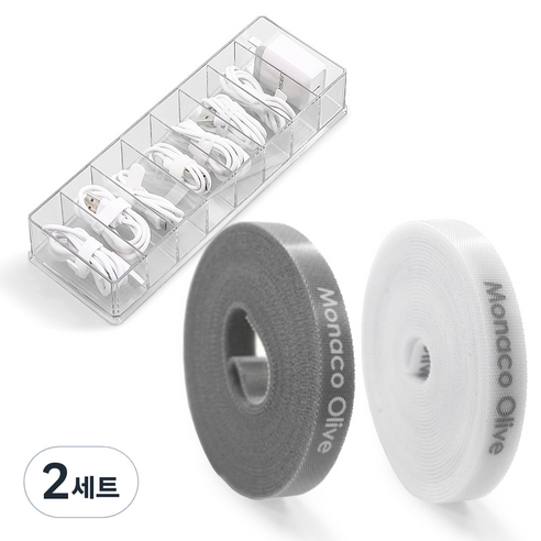 모나코올리브 벨크로 타이 2종 + 칸칸 케이블 정리 수납함, 화이트 + 그레이(타이) + 투명(수납함), 2세트