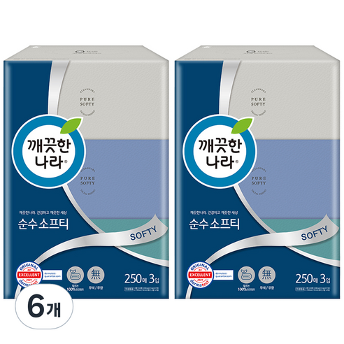 깨끗한나라 순수 소프티 각티슈 250p, 3개입, 6개