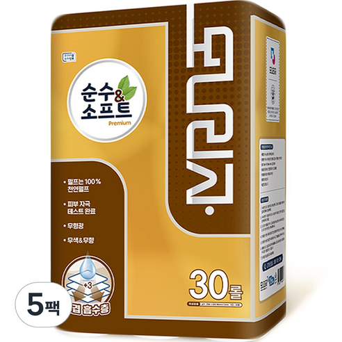 모나리자 순수 앤 소프트 천연펄프 3겹 고급롤화장지, 30개입, 5개