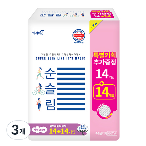 예지미인 뉴 순슬림 생리대 날개형, 대형, 28개입, 3개