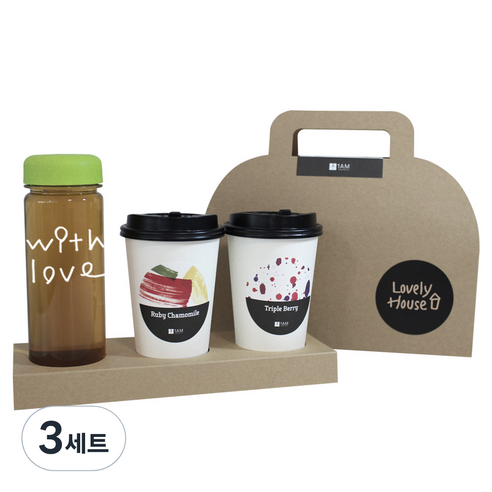 1AM 쥬뗌므 프리미엄 크라프트 with love 보틀 블랜딩 차세트 연두뚜껑, 패키지 + 티백세트(테이크아웃잔 2p + 얼그레이 블라썸 3p + 트리플 베리 3p) + with love 보틀 스티커 + 트라이탄 보틀 + Lovely H 패키지 스티커, 3세트