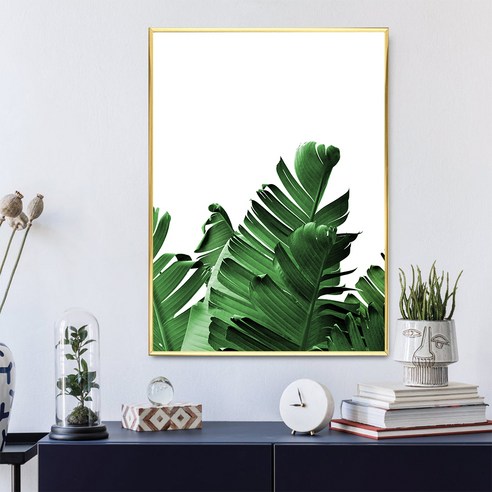마벨인홈 인테리어 열대나무 야자수잎 알루미늄 액자 + 나뭇잎D 포스터 세트, 골드