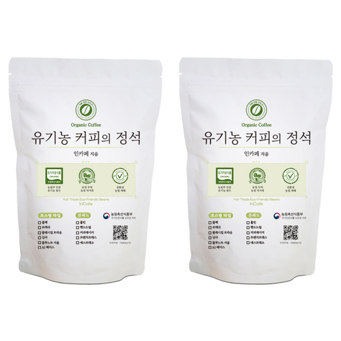 인카페 공정무역 유기농 커피의 정석 스페셜티 분쇄커피 올가닉블랙, 200g, 핸드드립, 2개