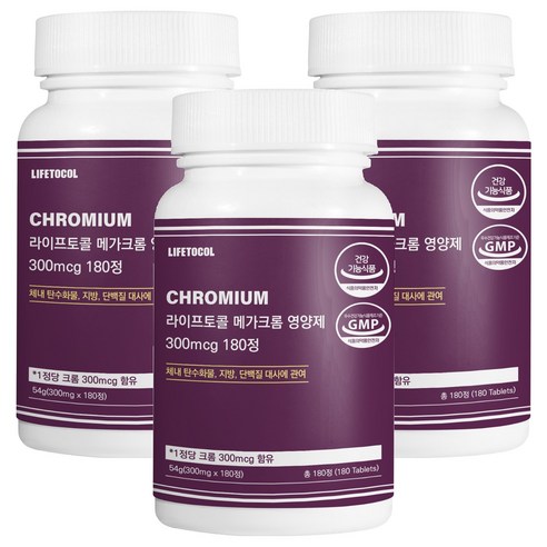 라이프토콜 메가 크롬 영양제 300mcg 54g, 180정, 3개