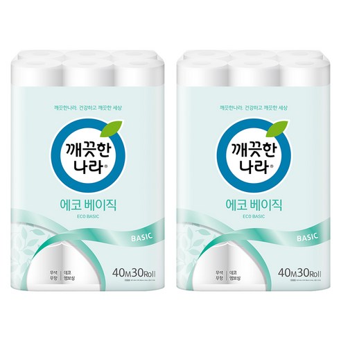 깨끗한나라 에코 베이직 화장지 40m, 2팩, 30롤