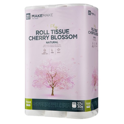 마케마케 체리블라썸 천연펄프 3겹 롤화장지 27m, 30롤, 1팩