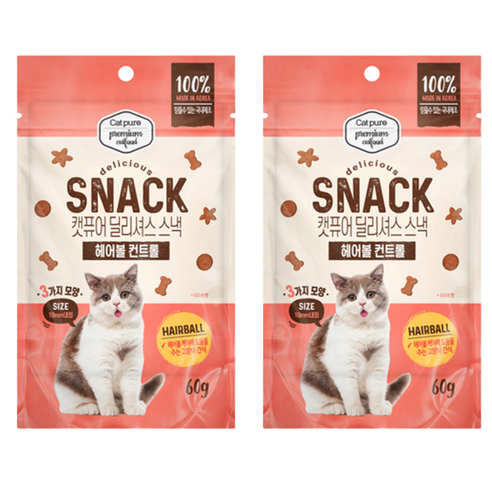 캣퓨어 고양이 딜리셔스 스낵 헤어볼 컨트롤, 2개, 60g, 혼합맛(닭고기/참치)