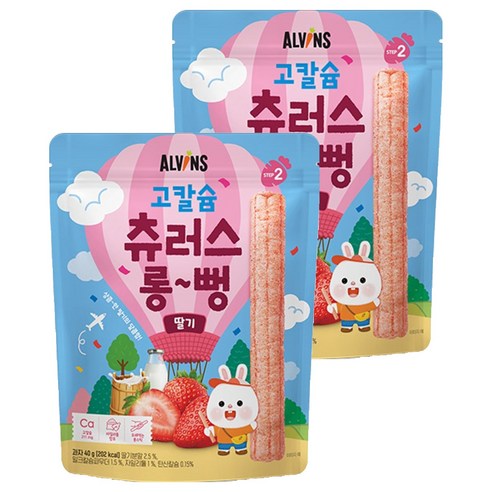 엘빈즈 유아용 고칼슘 츄러스 롱뻥 STEP2, 딸기맛, 40g, 2개