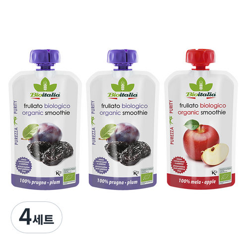 비오이탈리아 유기농 퓨레 푸룬 2p + 사과 세트, 푸룬맛, 사과맛, 4세트