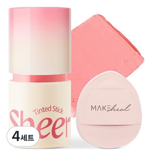 메이크힐 틴티드 쉬어 스틱 블러셔 6g + 핑거퍼프 세트, 03 쉬어 핑크 프롤리, 4세트