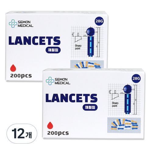 세원메디칼 비멸균 란셋 28G 십자형 채혈침, 12개, 200개입