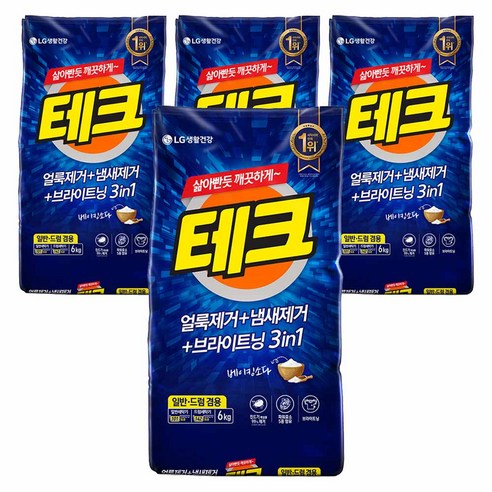 테크 3in1 일반드럼 겸용 분말세탁세제 리필, 6kg, 4개