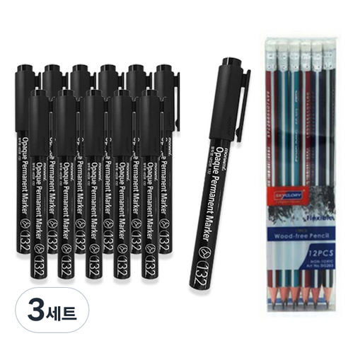 모나미 불투명 네임펜 132 12p + 스카이글로리 삼각 지우개 연필 12p 세트, 블랙, 3세트