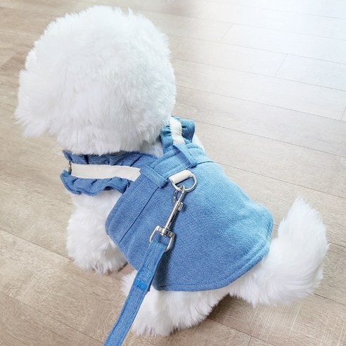 꼼펫 강아지 고양이 가슴줄 산책줄 데님 멜빵 프릴 하네스 + 리드줄 세트, 데님 멜빵프릴(L), 1세트