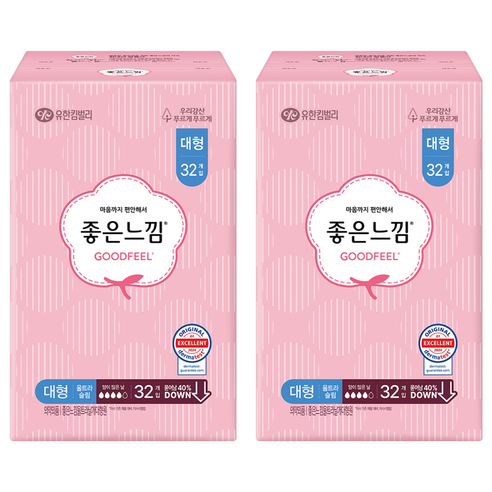 좋은느낌 오리지널 울트라슬림 생리대 날개형, 대형, 32개입, 2개