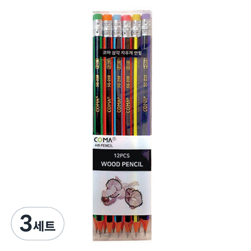 투코비 코마 삼각 지우개 연필 SG-208 HB, 혼합색상, 3세트
