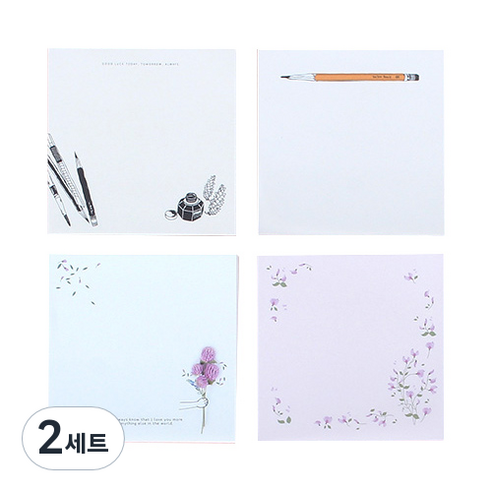 톡톡팬시 떡메모지 감성 4종세트, 연필 일러스트, 펜과 잉크, 흩날리는 분홍잎, 핑크 달리아꽃, 2세트