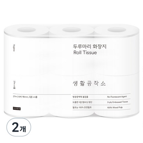 생활공작소 두루마리 천연펄프 3겹 고급롤화장지, 27m, 6롤, 2개
