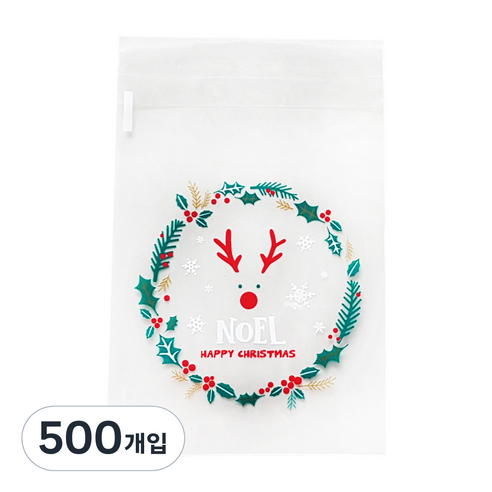 이홈베이킹 크리스마스 접착봉투 루돌프 10 x 11, 레드 + 그린 + 금분, 500개입