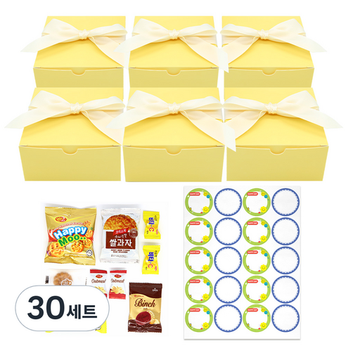 리본 과자 상자 간식 답례품 선물 세트, 간식 9종 x 6p + 라벨스티커 20p, 30세트