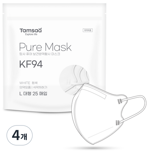 탐사 퓨어 마스크 지퍼백 KF94, 25개입, 4개, 화이트