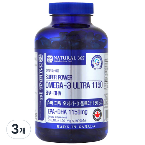 내츄럴365 슈퍼파워 오메가3 울트라 1150 180캡슐, 3개, 216.18g