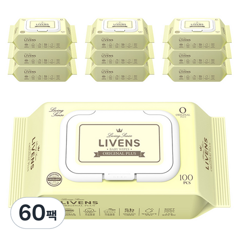 리벤스 유아용 오리지널 플러스 도톰한 저자극 엠보싱 물티슈 캡형 55평량, 100매, 60팩