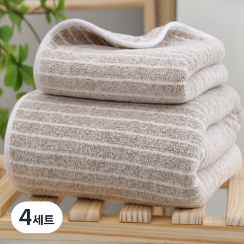 BBOO 모던스트라이프 바디 바스 타올 비치 타월 소형+대형, 브라운, 4세트