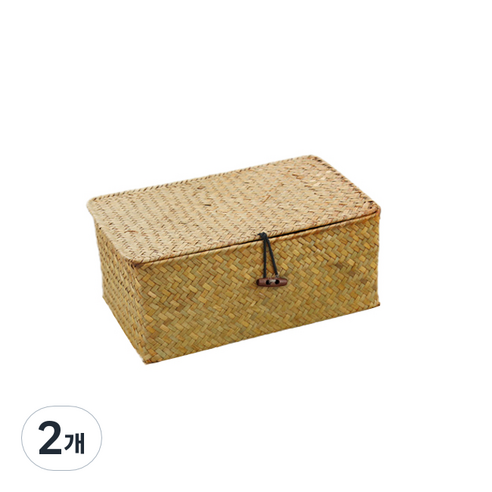 내일의공간 뚜껑 사각 라탄바구니 S, 네츄럴, 2개