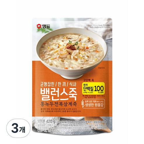 샘표 밸런스죽 통녹두 전복 삼계죽, 420g, 3개